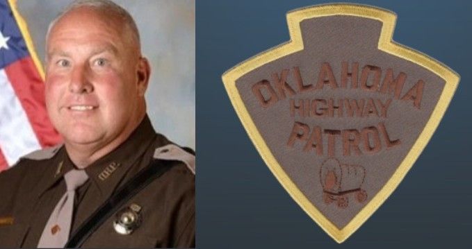 Trooper portrait beside Oklahoma Highway Patrol badge on a blue background