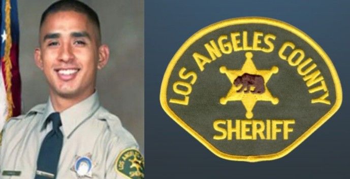 A smiling Los Angeles County Sheriff officer next to the department's badge.