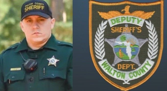 A man in a sheriff 's uniform is next to a walton county deputy sheriff 's badge