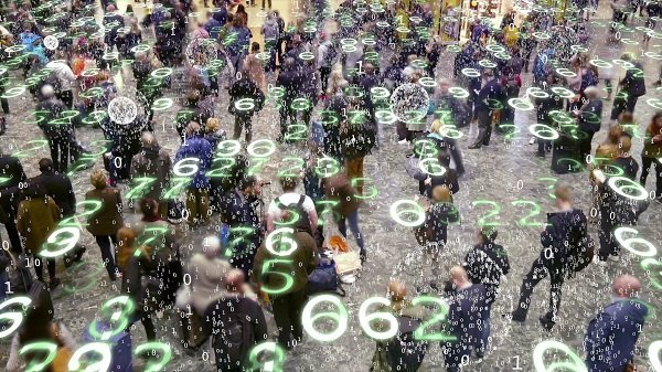 people walking in a picture overlaid with data bits