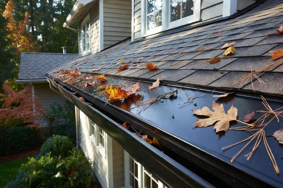Gloved hand inspecting a roof gutter and perforated leaf guard along dark shingles
