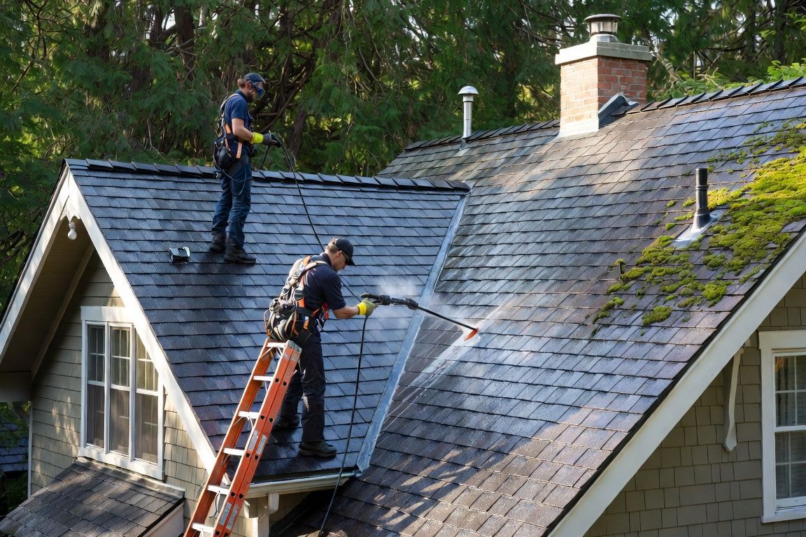 Worker using a nail gun on a shingled roof under a blue sky