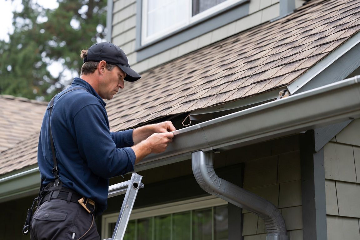 White gutter on shingled roof with a detached end cap