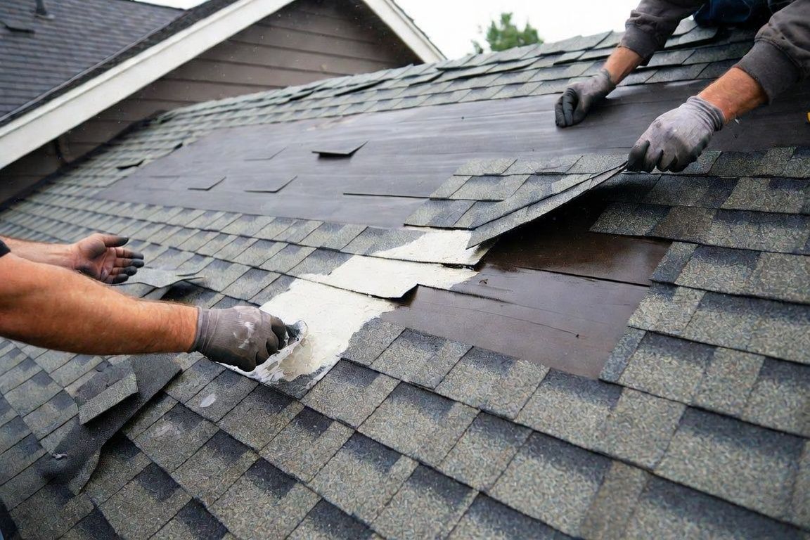 Worker using a nail gun on a shingled roof under a blue sky