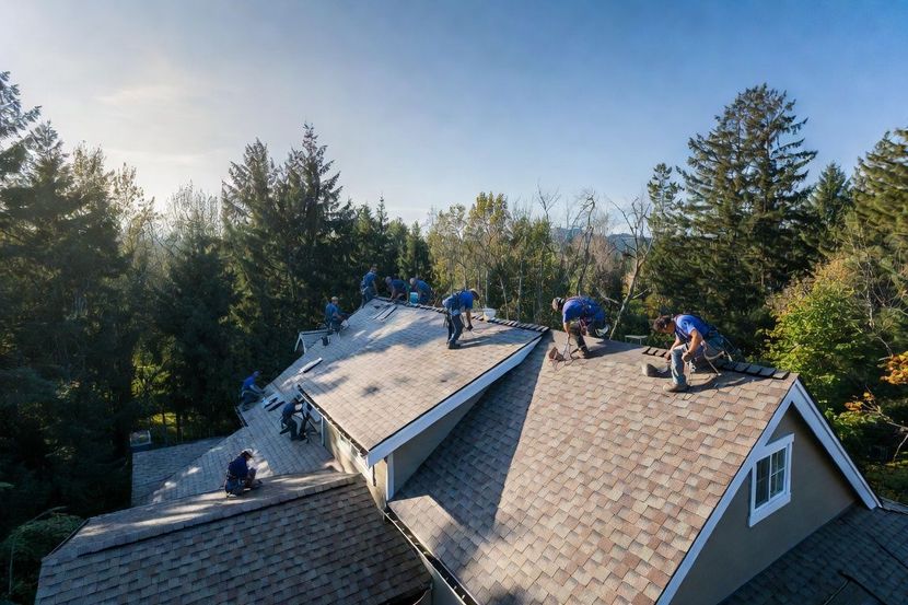Roofers working on a shingled roof beside tall trees on a sunny day