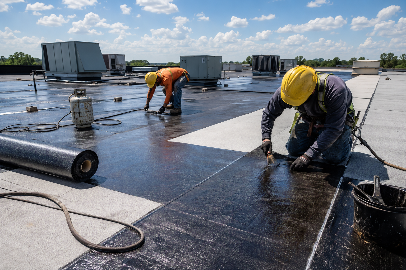 Worker using a yellow nail gun to fasten shingles on a roof