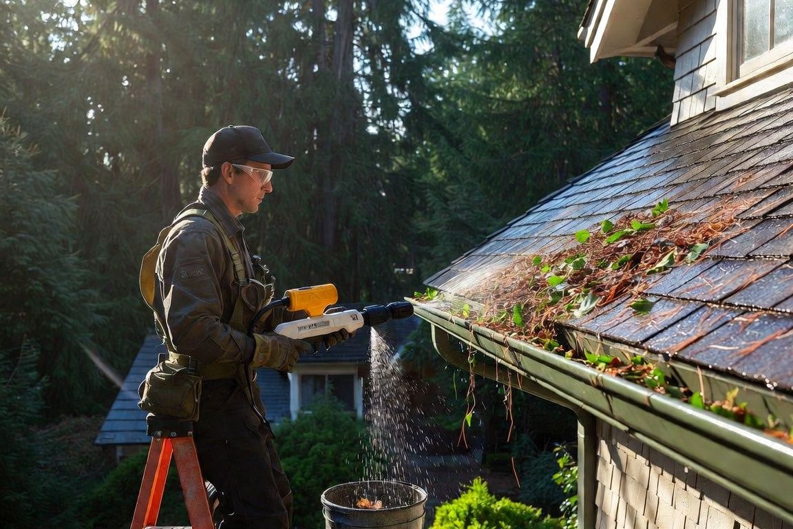 Pressure washer spraying water on a roof gutter in bright sunlight