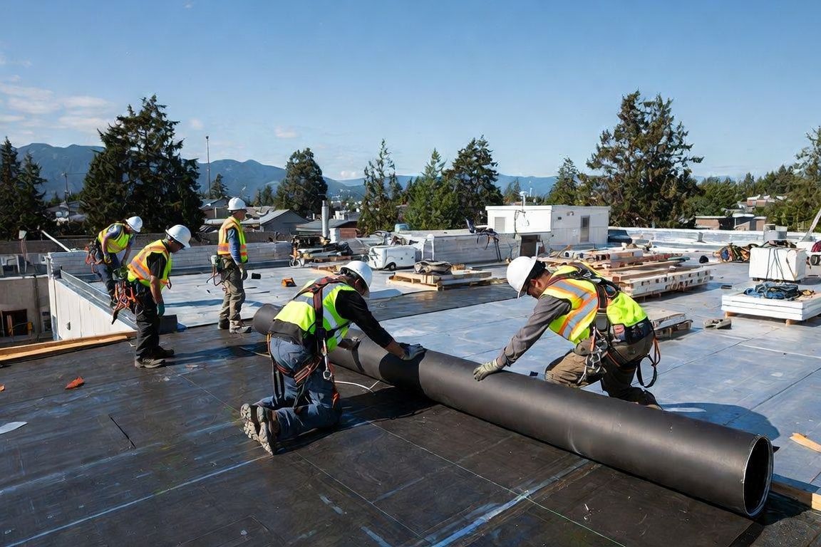 Worker in hard hat and safety vest inspecting a rooftop with a clipboard.