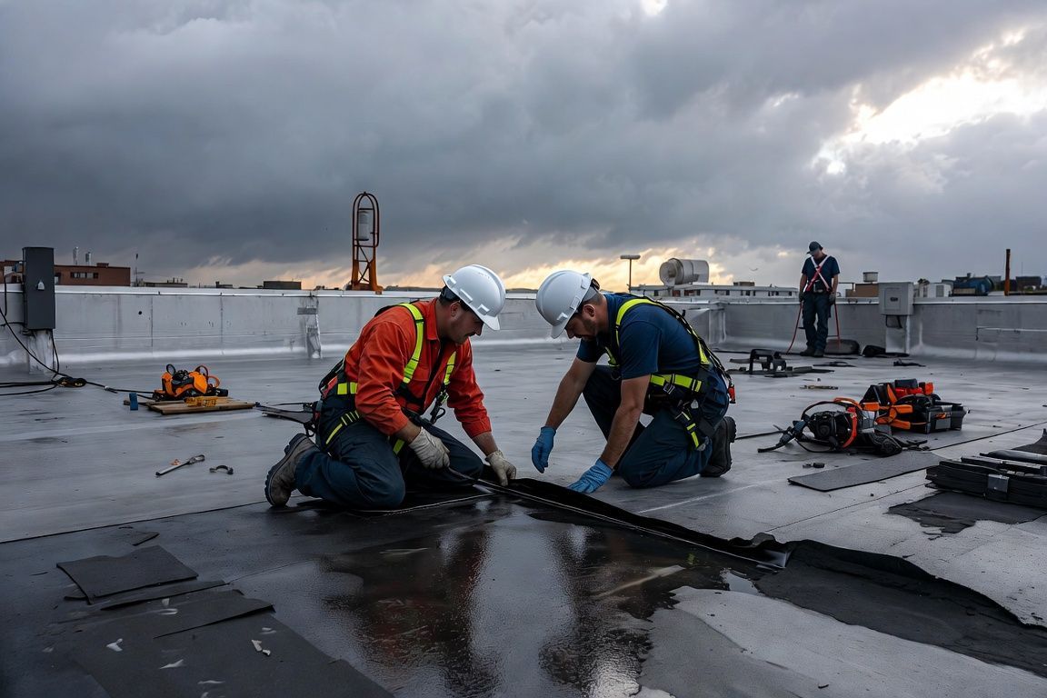 Worker using a nail gun on a shingled roof under a blue sky