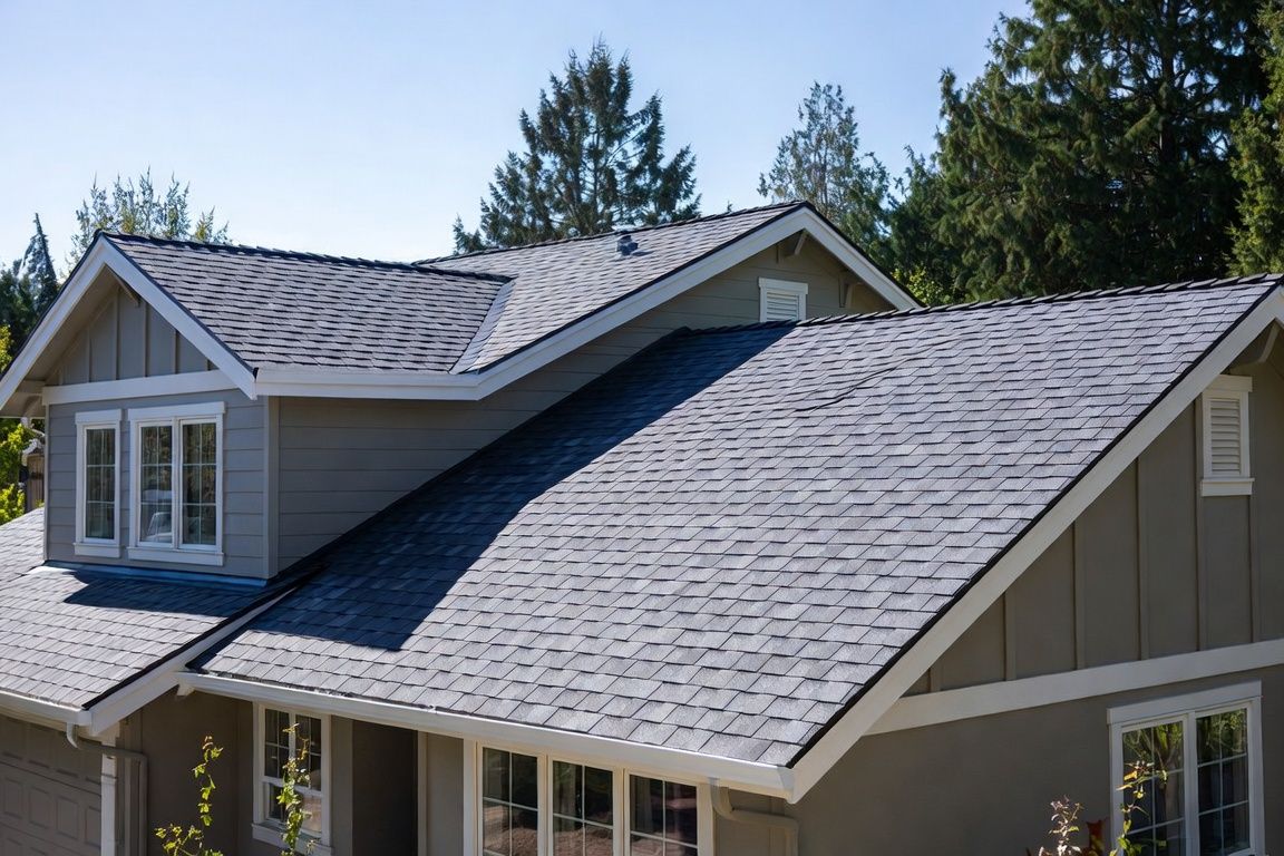 Worker using a nail gun on a shingled roof under a blue sky