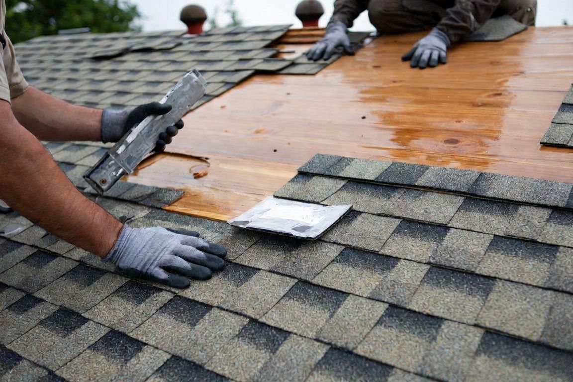 Worker using a nail gun on a shingled roof under a blue sky