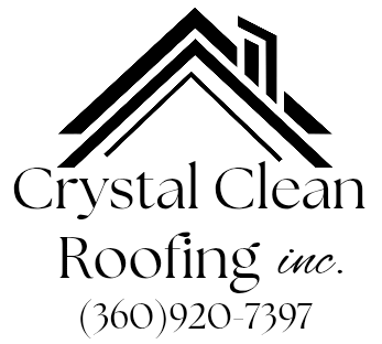 Crystal Clean Roofing logo with three teal roof peaks and blue text on white background
