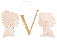 Elegante monogramma SV oro e bianco con due sagome di profilo femminile speculari rivolte verso l'interno