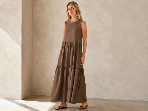 Donna con un abito lungo marrone a balze senza maniche in piedi davanti a una parete beige.