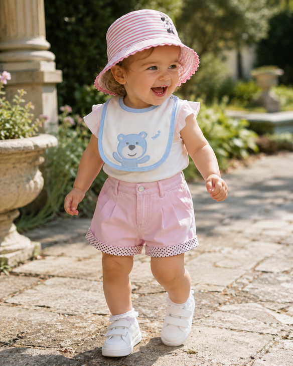 Un bambino sorridente con un cappello da sole rosa, una maglietta bianca e pantaloncini rosa cammina su un sentiero di pietra all'aperto.