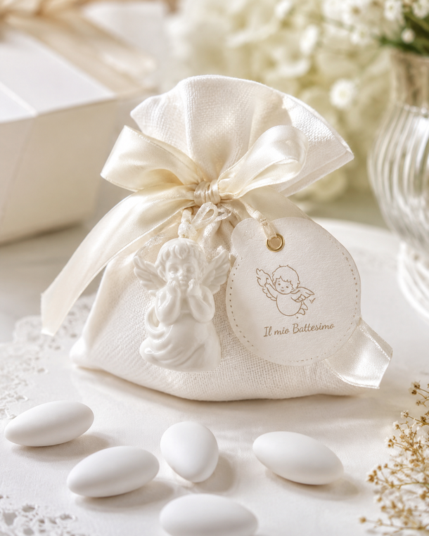 Piccola bustina regalo in organza color crema con pizzo e nastro, decorata con mandorle bianche su una morbida superficie bianca.
