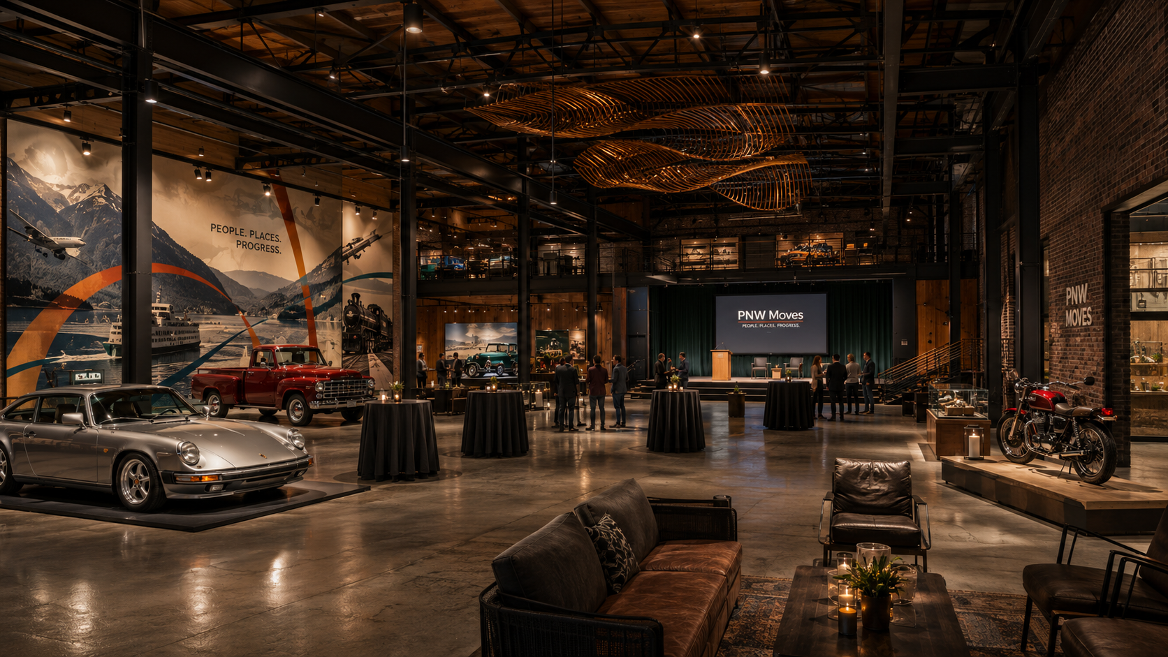 Elegant industrial showroom with classic cars, lounge seating, and warm lighting around a central stage