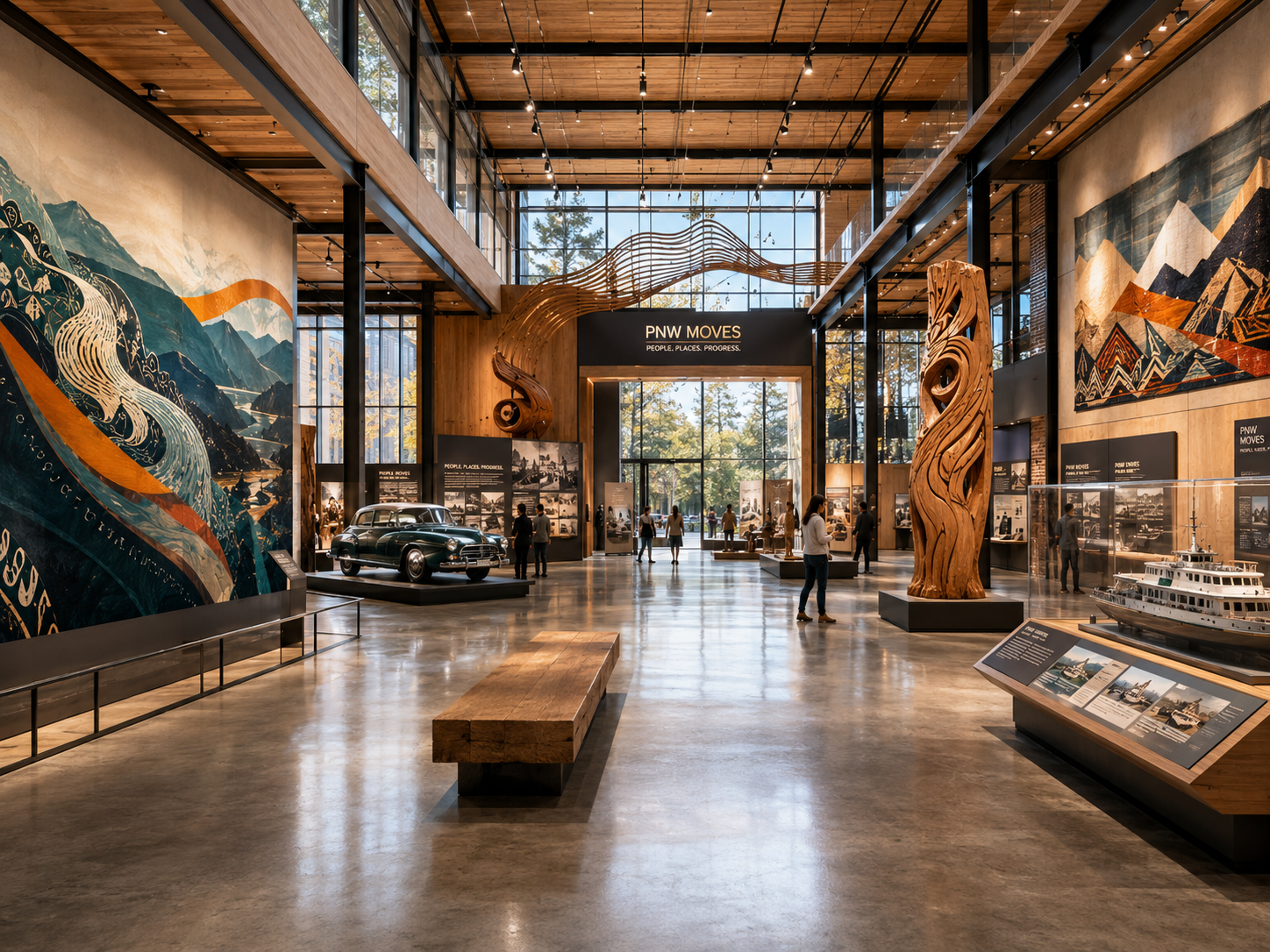Museum lobby with large murals, polished floor, and a long bench under a high glass ceiling