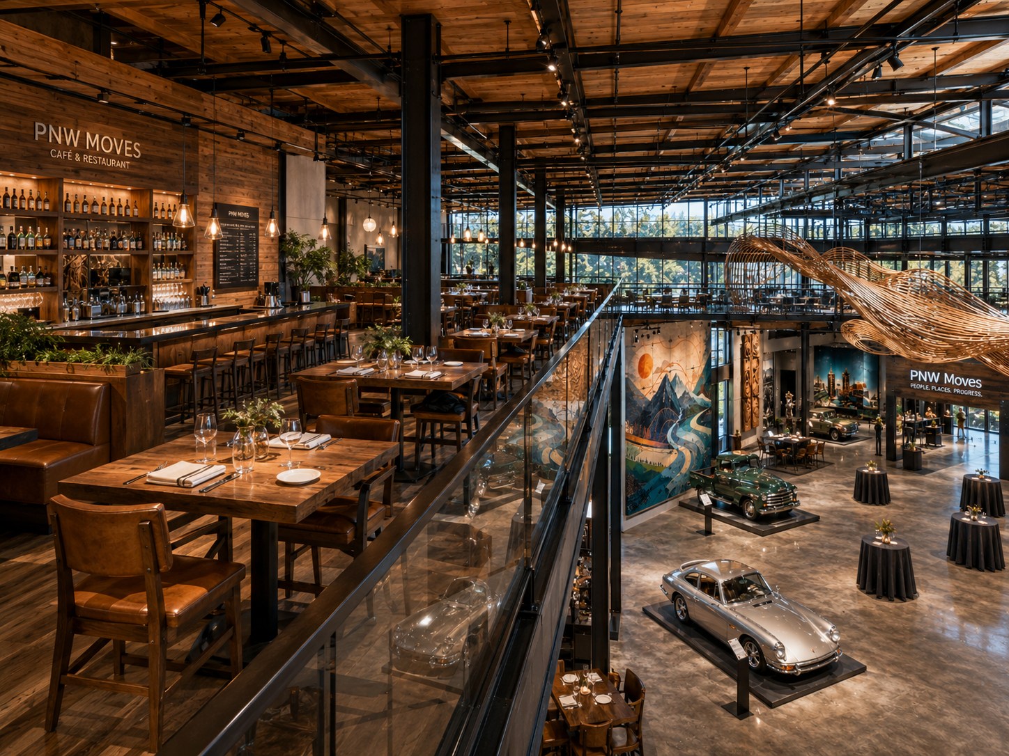 Open-plan restaurant interior with wooden tables, mezzanine seating, and warm industrial lighting