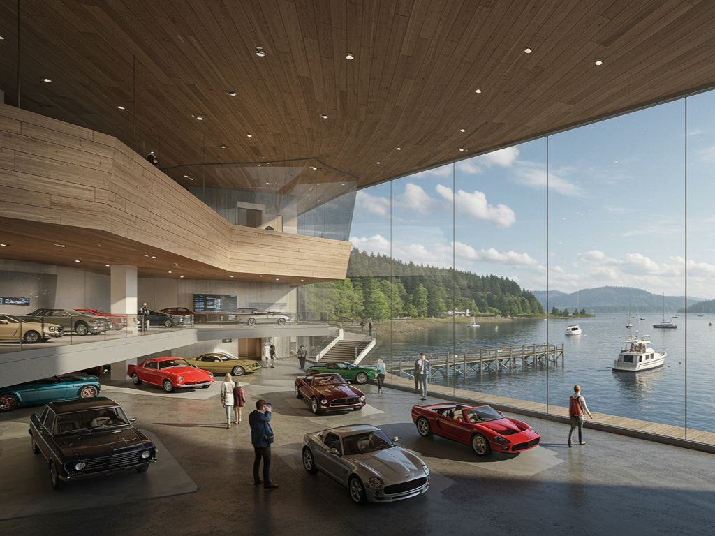 Modern car showroom with sports cars, people, and a waterfront view under a curved wooden roof