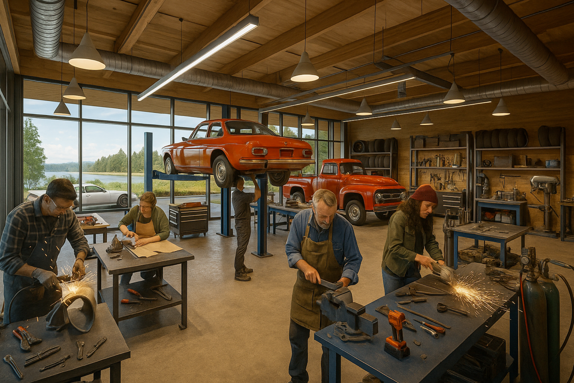 People welding and repairing orange off-road vehicles in a spacious workshop with tools and lifts