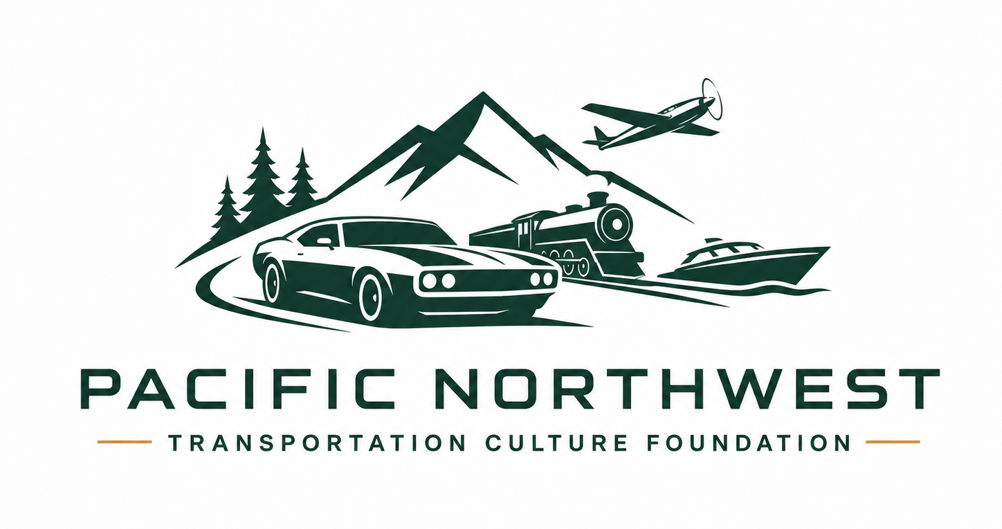 Pacific Northwest Transportation Culture Foundation logo with car, plane, boat, mountains, and trees