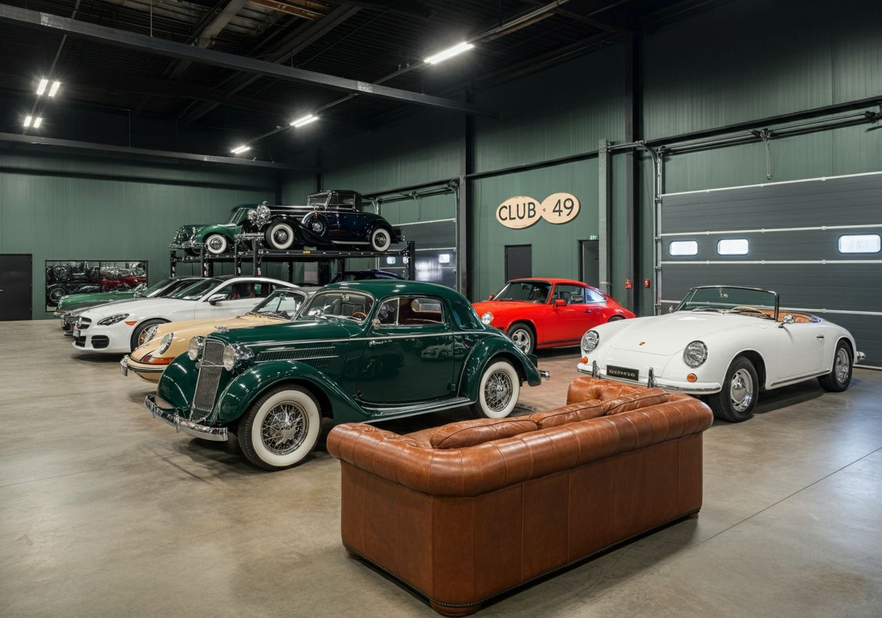 Classic cars displayed in a garage showroom, including green, red, and white vintage vehicles.