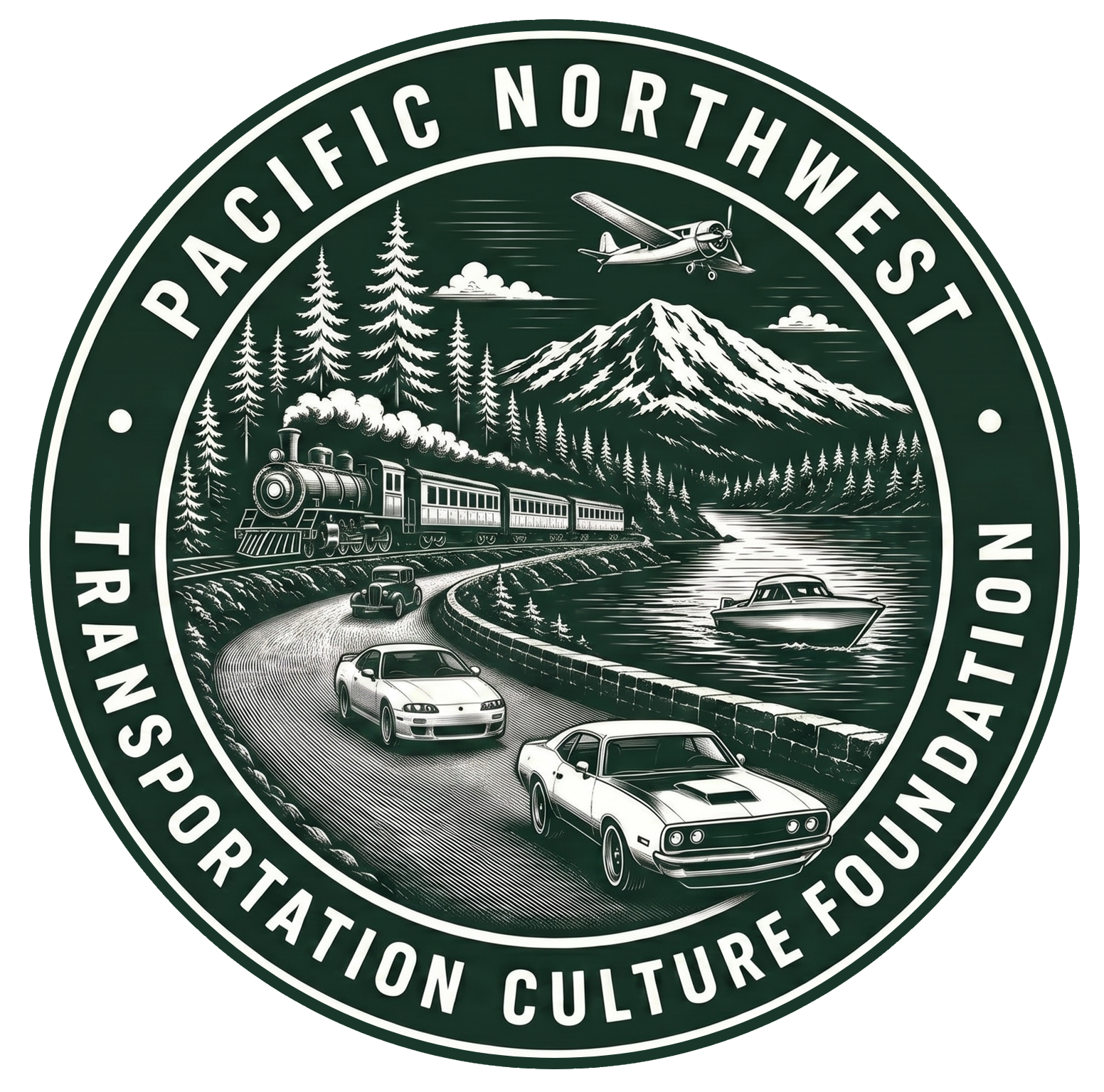 Pacific Northwest Transportation Culture Foundation logo with mountain, plane, train, and cars in white on dark green