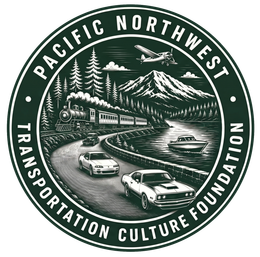 Pacific Northwest Transportation Culture Foundation logo with mountain, plane, train, and cars in white on dark green
