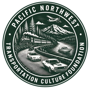 Pacific Northwest Transportation Culture Foundation logo with mountain, plane, train, and cars in white on dark green