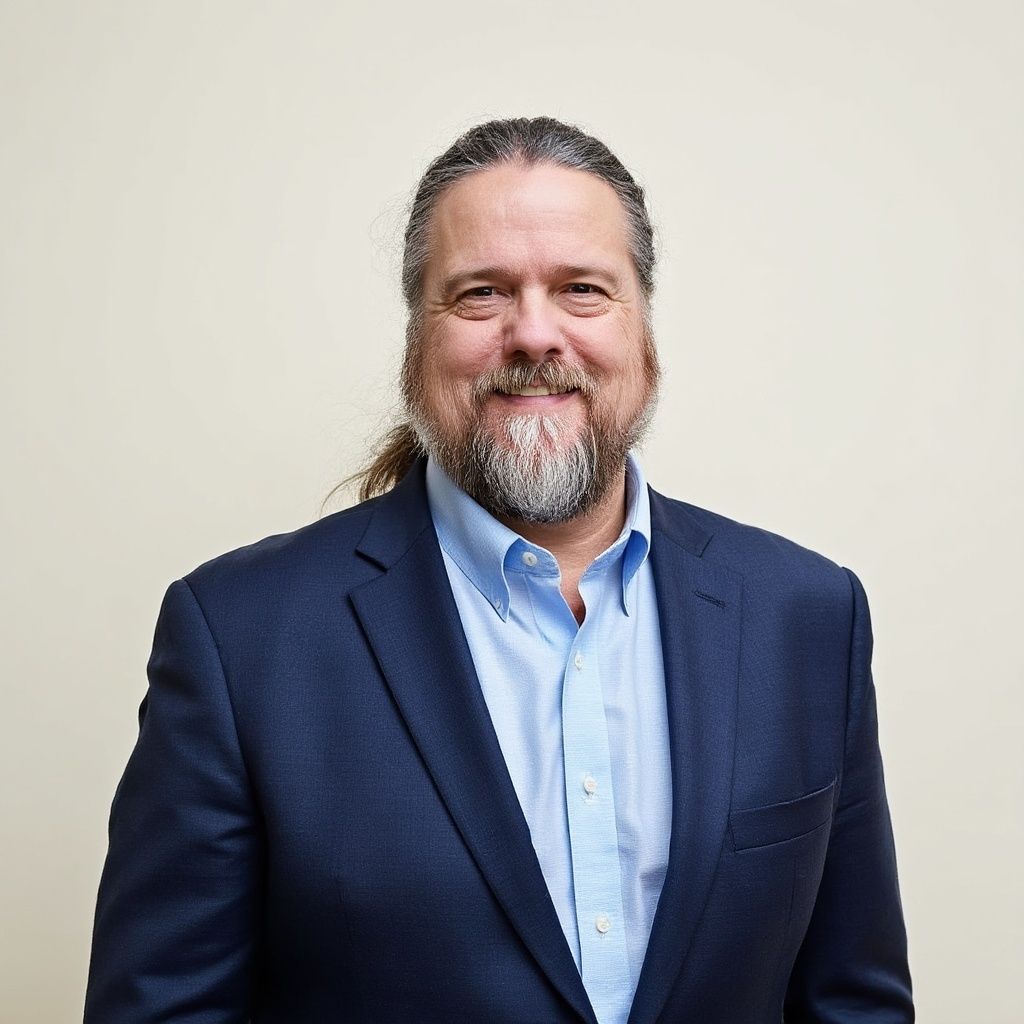 Smiling man in a navy blazer and light blue shirt against a plain background