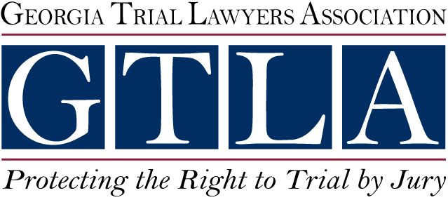 Georgia Trial Lawyers Association logo with blue GTLA letters and red tagline, “Protecting the Right to Trial by Jury”