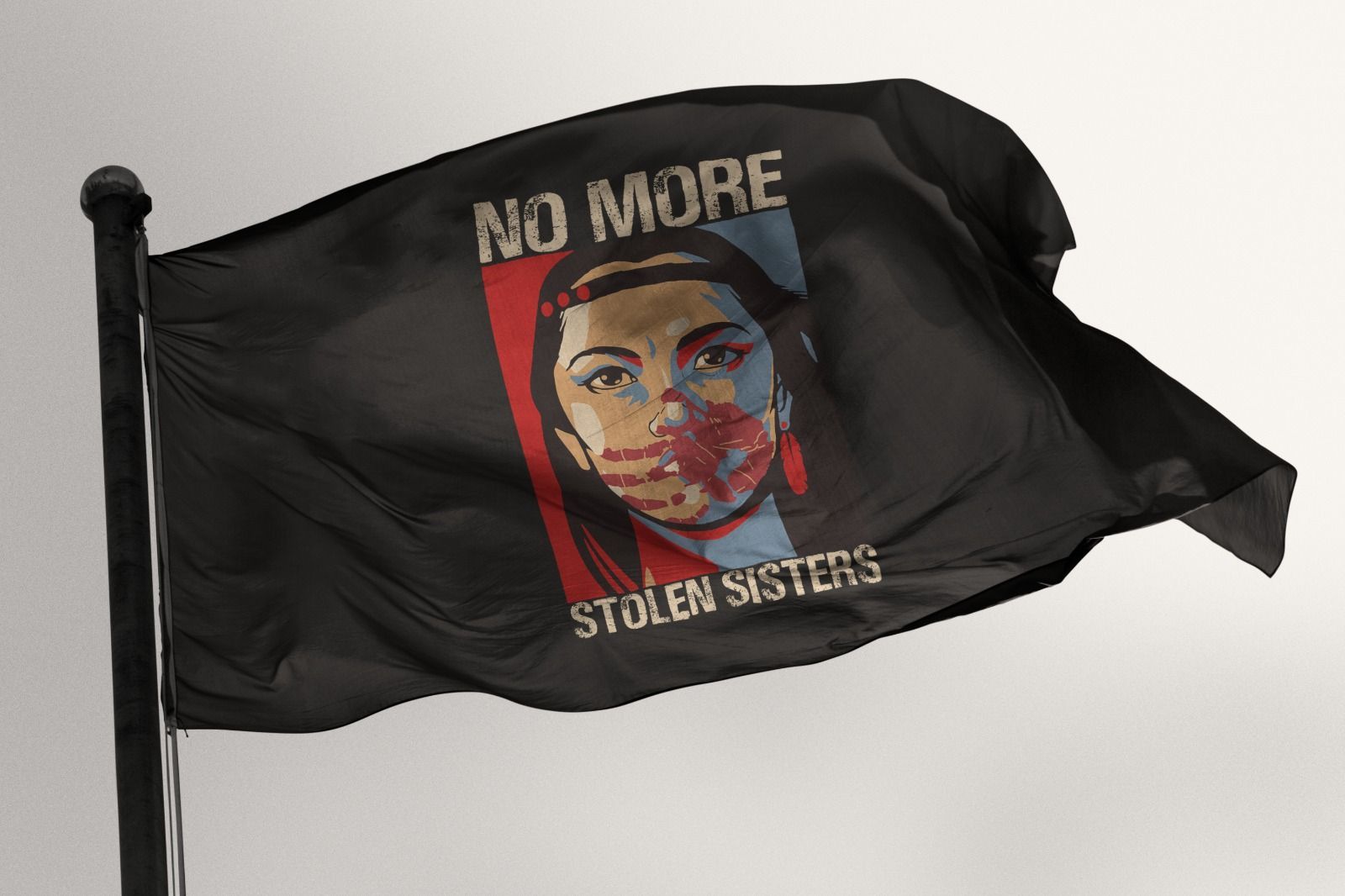 A black flag with a picture of a woman on it that says no more stolen sisters