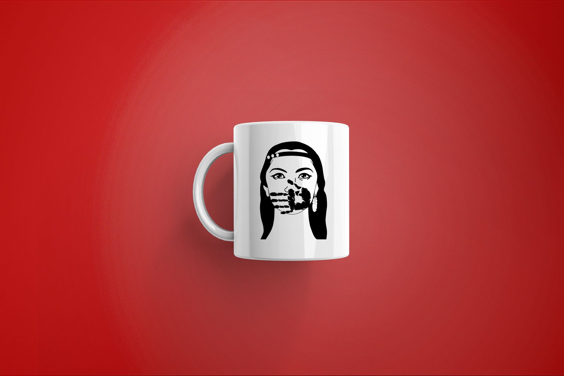 A coffee mug with a woman covering her mouth on a red background.