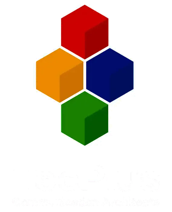 TecPlus Logo Four colorful cubes arranged in a hexagon on a white background