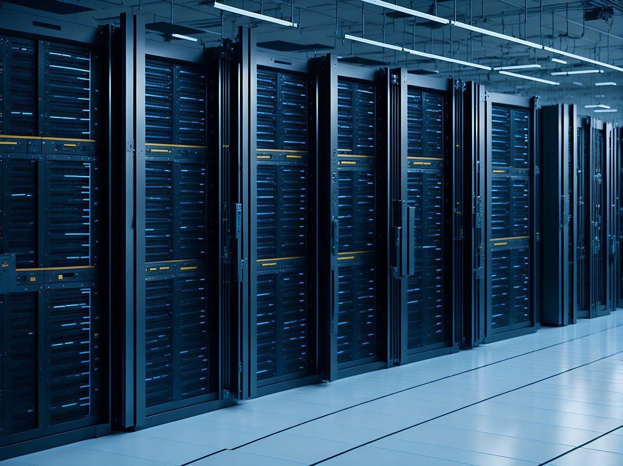 AI-generated image of server racks in a data center, symbolizing secure network access management solutions
