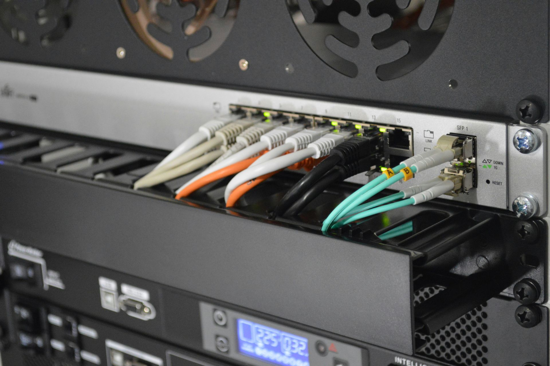 Optimized network setup with firewall, router, and switch integration CAT cables plugged into network ports for secure and reliable connectivity