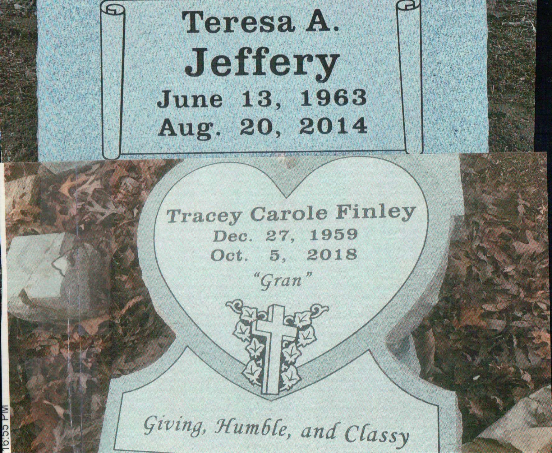 Two granite headstones: one rectangular for Teresa A. Jeffery (1963–2014) and one heart-shaped for Tracey Carole Finley.