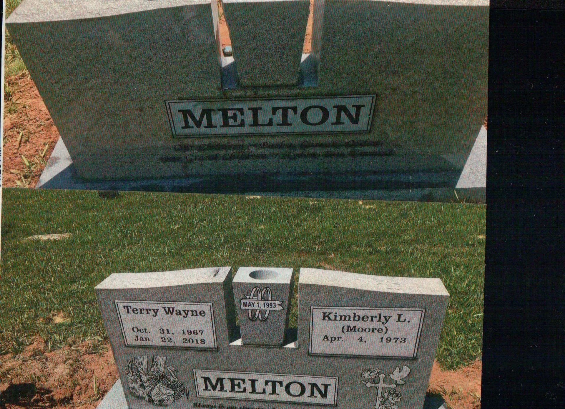 A light-colored granite grave marker for the Melton family in a grassy cemetery, featuring names and dates for two people.