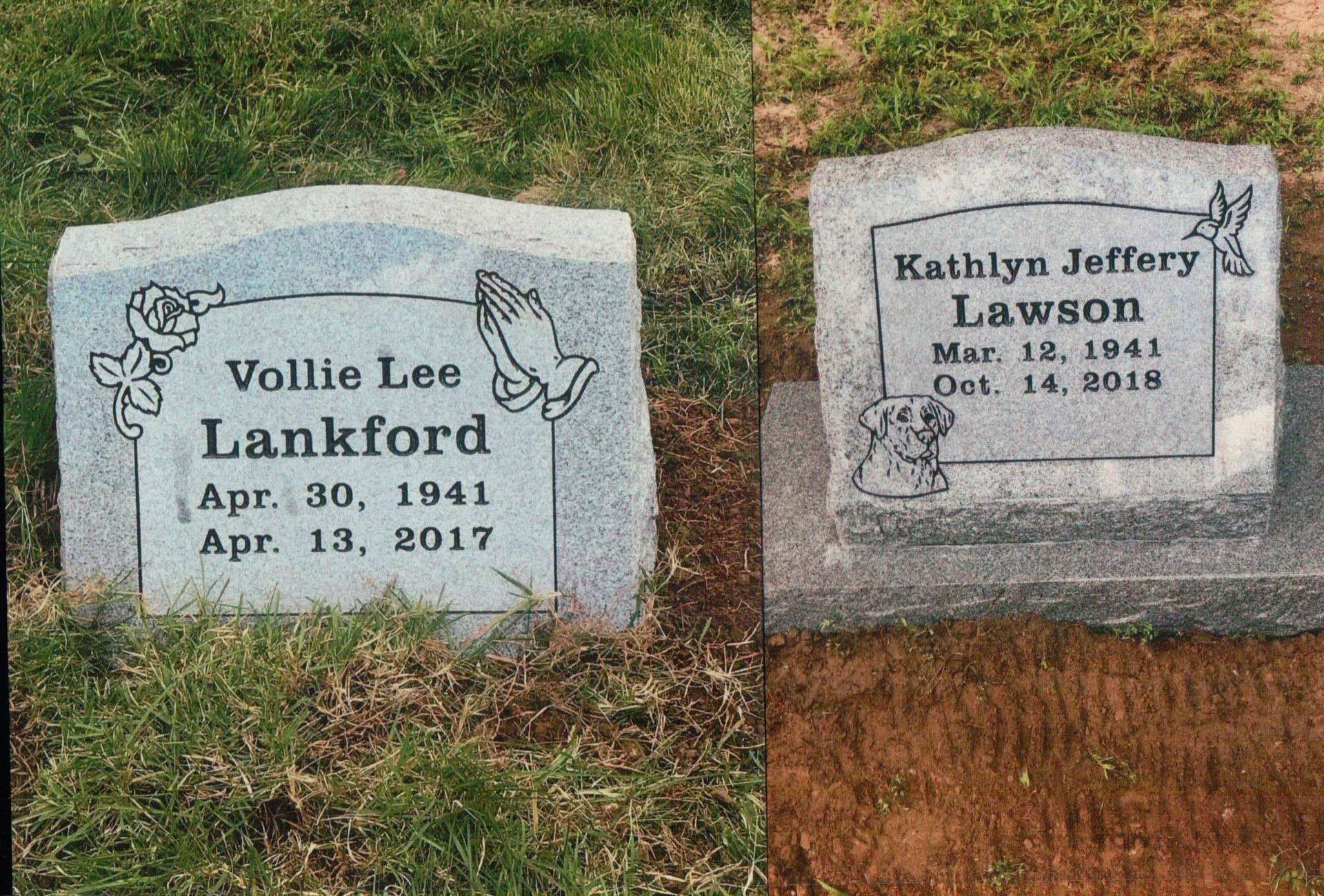 Side-by-side photos of two gray granite grave markers for Vollie Lee Lankford (1941–2017) and Kathlyn Jeffery Lawson.