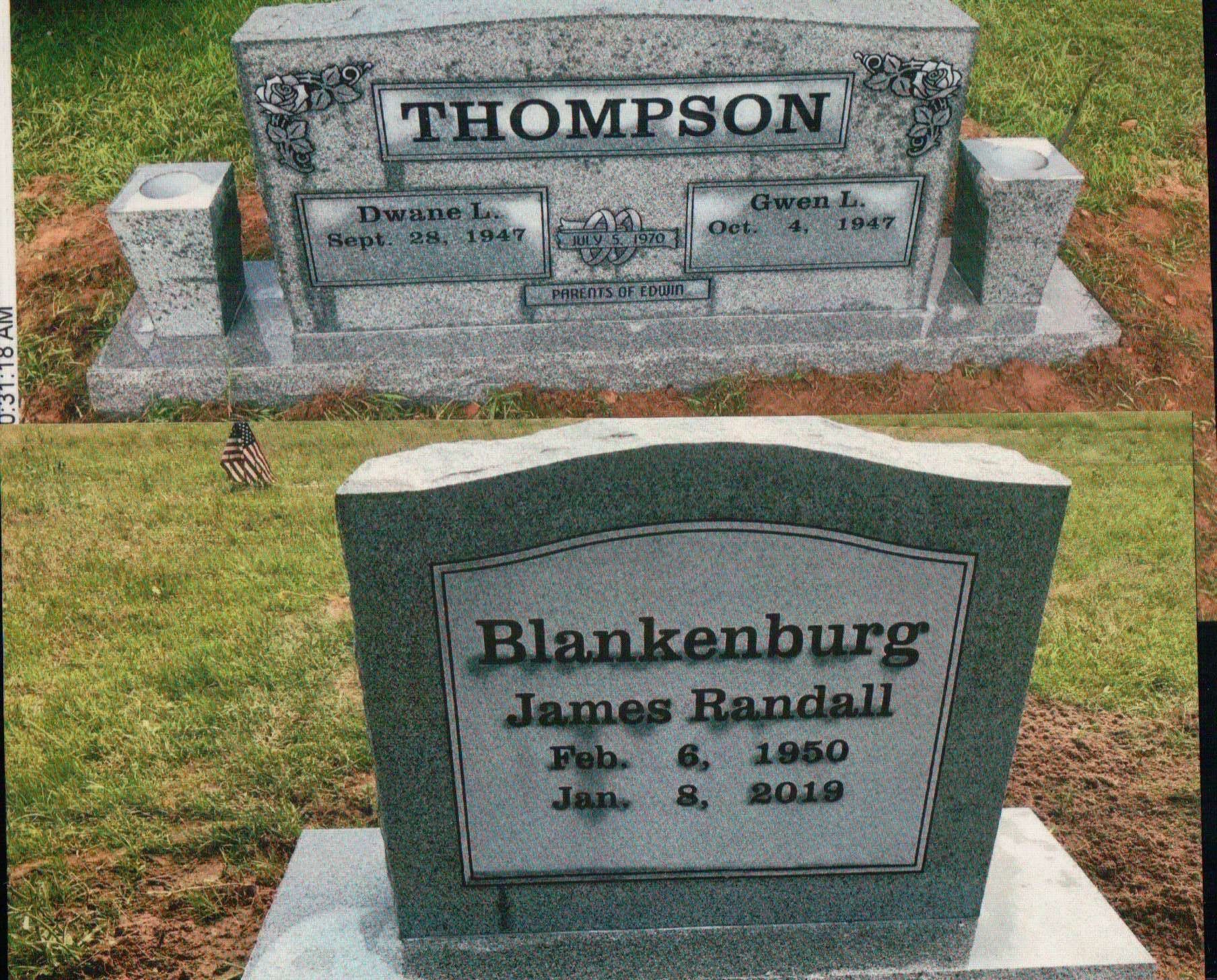 Two grey stone headstones in a grassy cemetery: a double marker for Thompson and a single marker for James R. Blankenburg.