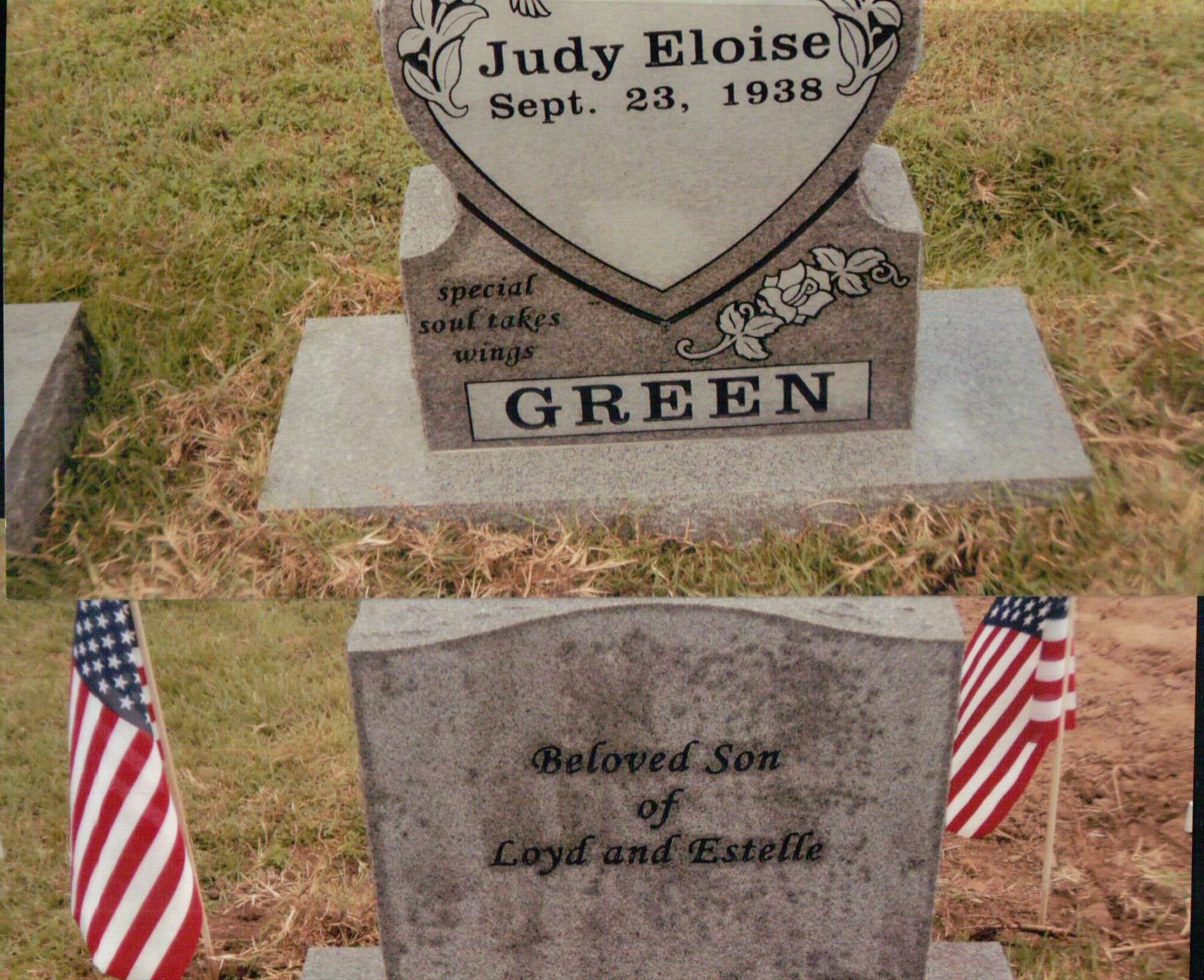 Two cemetery headstones, one heart-shaped for Judy Eloise Green and one for the son of Loyd and Estelle with US flags.