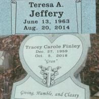Headstones for Teresa A. Jeffery (1963–2014) and Tracey Carole Finley (1959–2018), who is remembered as 