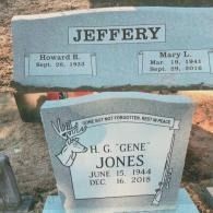 Two granite headstones in a cemetery; one inscribed for Howard and Mary Jeffery, the other for H.G. 