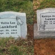 Two gray granite grave markers set side-by-side in grass, one for Vollie Lee Lankford and one for Kathlyn J. Lawson.