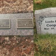 Two gravestones in a cemetery, one with two bronze plaques on a base, and one upright grey headstone with rose etching.