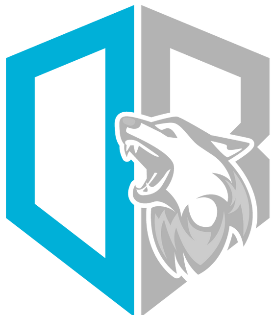 Een blauw en grijs logo met een wolvenkop in het midden.
