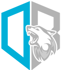 Een blauw en grijs logo met een wolvenkop in het midden.