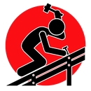 A black and white icon of a hand holding a hammer over a roof.