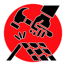 A black and white icon of a hand holding a hammer over a roof.